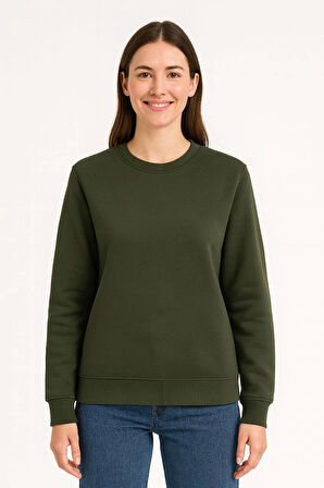 Kadın Üç İplik Düz Bisiklet Yaka SweatShirt - Haki