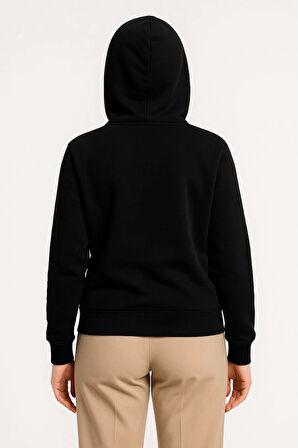 Kadın Üç İplik Kapüşonlu Tam Fermuarlı Kanguru Çepli SweatShirt Hoodie - Siyah