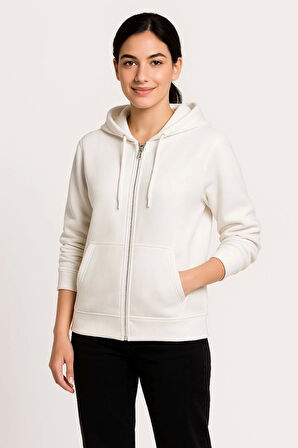 Kadın Üç İplik Kapüşonlu Tam Fermuarlı Kanguru Çepli SweatShirt Hoodie - Beyaz