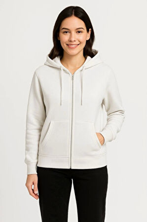 Kadın Üç İplik Kapüşonlu Tam Fermuarlı Kanguru Çepli SweatShirt Hoodie - Beyaz
