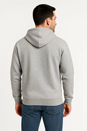Erkek Üç İplik Kapüşonlu Tam Fermuarlı Kanguru Çepli SweatShirt Hoodie - Gri