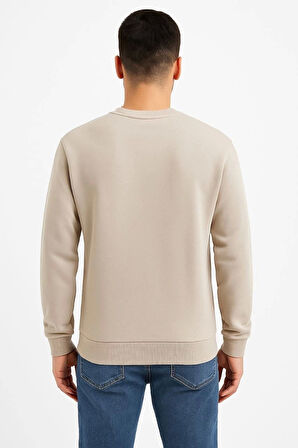 Erkek Üç İplik Düz Bisiklet Yaka SweatShirt - Bej
