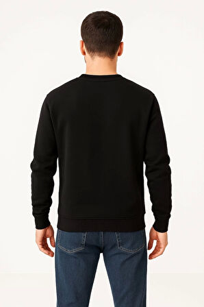 Erkek Üç İplik Düz Bisiklet Yaka SweatShirt - Siyah