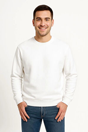 Erkek Üç İplik Düz Bisiklet Yaka SweatShirt - Beyaz