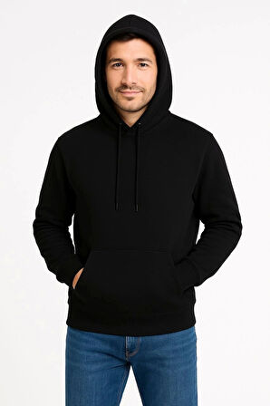 Erkek Üç İplik Kapüşonlu Kanguru Cepli SweatShirt hoodie - Siyah