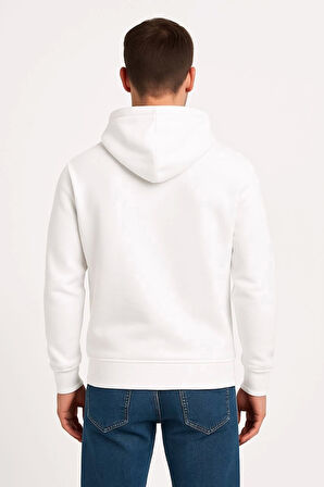 Erkek Üç İplik Kapüşonlu Kanguru Cepli SweatShirt hoodie - Beyaz