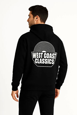 Erkek Üç İplik Kapüşonlu Ön ve Arka Baskılı SweatShirt hoodie - Siyah