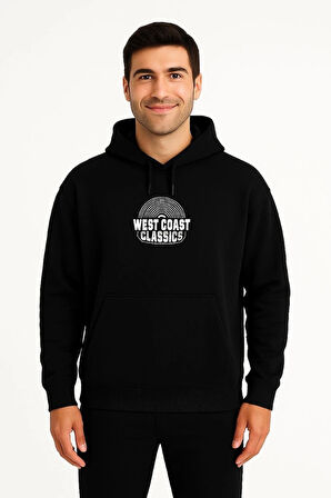 Erkek Üç İplik Kapüşonlu Ön ve Arka Baskılı SweatShirt hoodie - Siyah