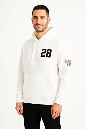 Üç İplik Kapüşonlu Ön ve Arka Baskılı SweatShirt hoodie - Beyaz