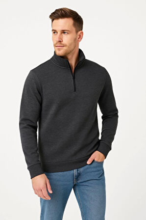 Erkek Dik Yaka Sweatshirt Dik Yaka Yarım Fermuarlı 3 İplik Şardonlu Pamuk Kumaş - Antrasit