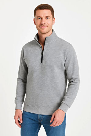 Erkek Dik Yaka Sweatshirt Dik Yaka Yarım Fermuarlı 3 İplik Şardonlu Pamuk Kumaş - Gri
