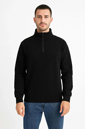 Erkek Dik Yaka Sweatshirt Dik Yaka Yarım Fermuarlı 3 İplik Şardonlu Pamuk Kumaş - Siyah