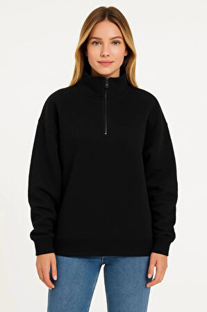Kadın Üç İplik Dık Yaka Yarım Fermuarlı SweatShirt - Siyah