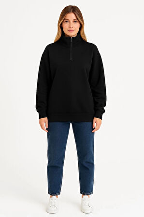 Kadın Üç İplik Dık Yaka Yarım Fermuarlı SweatShirt - Siyah