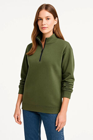 Kadın Üç İplik Dık Yaka Yarım Fermuarlı SweatShirt - Haki
