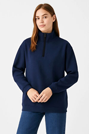 Kadın Üç İplik Dık Yaka Yarım Fermuarlı SweatShirt - Lacivert