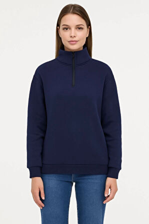 Kadın Üç İplik Dık Yaka Yarım Fermuarlı SweatShirt - Lacivert