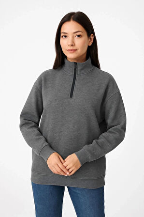 Kadın Üç İplik Dık Yaka Yarım Fermuarlı SweatShirt - Antrasit