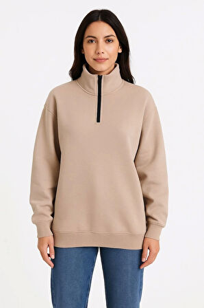 Kadın Üç İplik Dık Yaka Yarım Fermuarlı SweatShirt - Bej