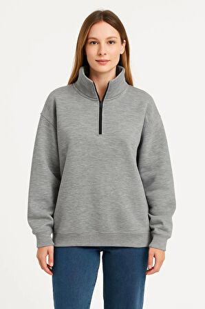 Kadın Üç İplik Dık Yaka Yarım Fermuarlı SweatShirt - Gri