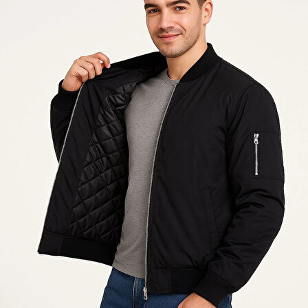 Erkek Bomber Mont Ceket – Fermuarlı, Kapitone İçi Astarlı, Su İtici Kumaş, Regular Fit, Uzun Kollu, Yandan Cepli, Bahar & Kış Rahat Günlük Stil - Siyah
