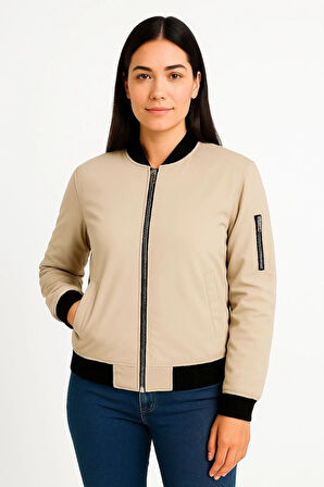 Kadın Bomber Mont Ceket – Fermuarlı, Kapitone İçi Astarlı, Su İtici Kumaş, Regular Fit, Yandan Cepli, Günlük Bahar & Kış Şık Rahat Stil - bej