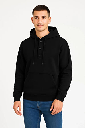 Erkek Ovarsize Kapüşonlu Swetshirt Kanguru Çepli Cıtcıtlı 3 iplik Şardonlu Hoodie - Siyah