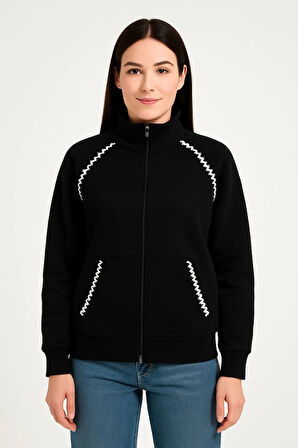 Kadın Oversize Dik Yaka Fermuarlı Sweatshirt - Zincir Nakışli Kanguru Cepli, - Siyah