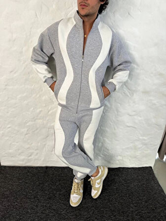 Erkek Premium Parçalı Eşofman Takım - Dik Yaka Fermuarlı Sweatshirt, - Gri