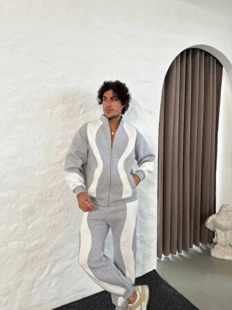 Erkek Premium Parçalı Eşofman Takım - Dik Yaka Fermuarlı Sweatshirt, - Gri