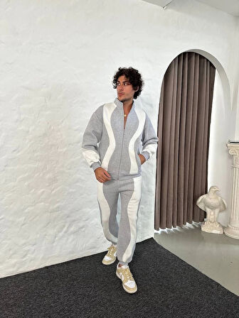 Erkek Premium Parçalı Eşofman Takım - Dik Yaka Fermuarlı Sweatshirt, - Gri