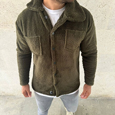 Erkek Pelüş Polar Hırka Gömlek – Yakalı, İlik Düğmeli, Göğüs Cepli, Yumuşak Dokulu Kışlık Regular Fit Rahat Günlük Model - Haki