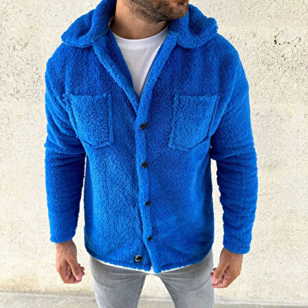 Erkek Pelüş Polar Hırka Gömlek – Yakalı, İlik Düğmeli, Göğüs Cepli, Yumuşak Dokulu Kışlık Regular Fit Rahat Günlük Model - Saks Mavisi