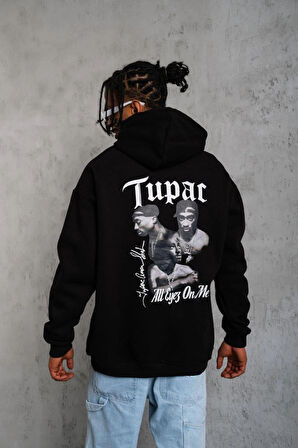 Erkek Oversize Üç İplik Kapüşonlu Sweat – Siyah Kol ve Etek Ribana Detaylı, Ön ve Sırt Baskılı, Kanguru Cepli Rahat Kalıp Model