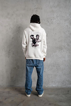 Erkek Oversize Üç İplik Kapüşonlu Sweat – Kol ve Etek Ribana Detaylı, Ön ve Sırt Baskılı, Kanguru Cepli Rahat Kalıp Model - Beyaz