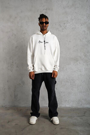 Erkek Oversize Üç İplik Şardonlu Kapüşonlu Sweatshirt – Beyaz “Other Lives” Ön ve Arka Baskılı, Kanguru Cepli, Ribanalı Rahat Kışlık Model Beyaz