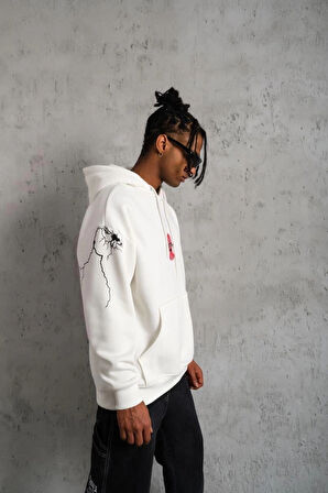Erkek Oversize Üç İplik Kapüşonlu Sweatshirt – “Don’t Be Terrified” Ön, Sırt ve Kol Baskılı, Kanguru Cepli, Ribanalı Rahat Model - Beyaz
