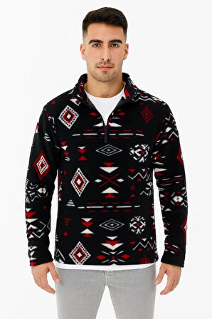 Erkek Yarım Fermuarlı Desenli Polar Sweat Tribal Etnik Desen Yakalı, Uzun Kollu, Oversize Rahat Kalıp, - Siyah