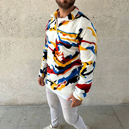 Erkek Yarım Fermuarlı Desenli Polar Sweat – Renkli Abstract Desen Yakalı, Uzun Kollu, Oversize Rahat Kalıp,  - Beyaz