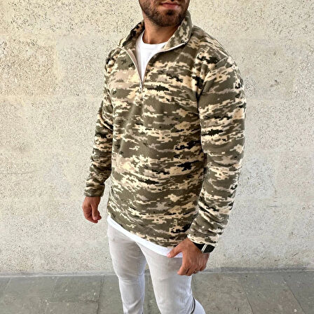 Erkek Yarım Fermuarlı Desenli Polar Sweat – Haki Kamuflaj Yakalı, Uzun Kollu, Oversize Rahat Kalıp - Haki