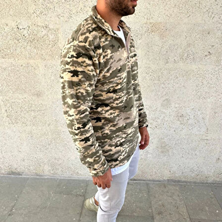 Erkek Yarım Fermuarlı Desenli Polar Sweat – Haki Kamuflaj Yakalı, Uzun Kollu, Oversize Rahat Kalıp - Haki