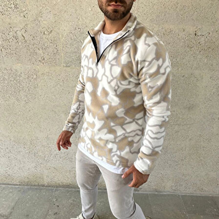 Erkek Yarım Fermuarlı Desenli Polar Sweat Yakalı, Uzun Kollu, Oversize Rahat Kalıp - Bej