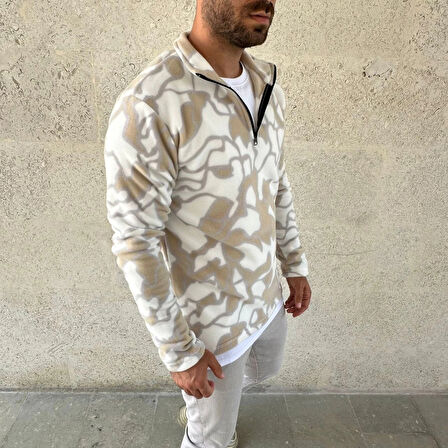 Erkek Yarım Fermuarlı Desenli Polar Sweat Yakalı, Uzun Kollu, Oversize Rahat Kalıp - Bej