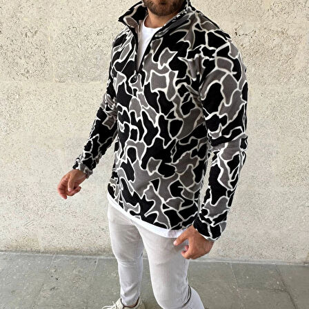 Erkek Yarım Fermuarlı Desenli Polar Sweat Yakalı, Uzun Kollu, Oversize Rahat Kalıp - Siyah