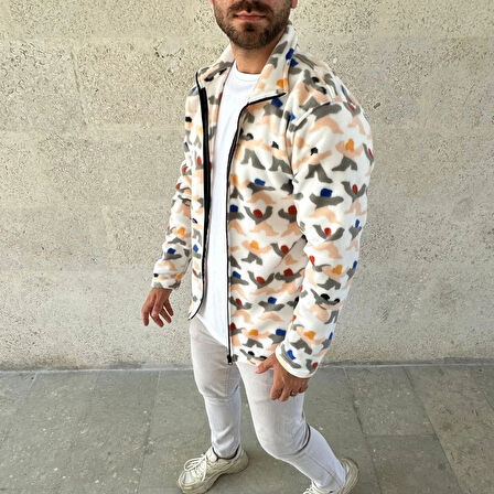 Erkek Tam Fermuarlı Desenli Polar Sweat – Siyah Multicolor Figür Desen Yakalı, Uzun Kollu, Oversize Rahat Kalıp- Beyaz