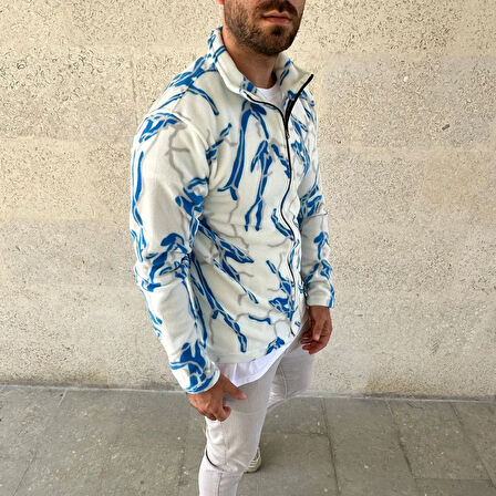 Erkek Tam Fermuarlı Desenli Polar Sweat  Lightning Desen Yakalı, Uzun Kollu, Oversize Rahat Kalıp - Beyaz