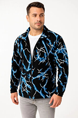 Erkek Tam Fermuarlı Desenli Polar Sweat Lightning Desen Yakalı, Uzun Kollu, Oversize Rahat Kalıp - Siyah