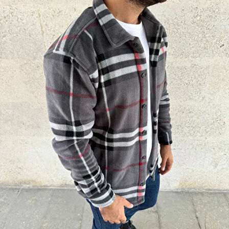 Erkek Ekose Desenli Düğmeli Polar Yakalı Uzun Kollu Gömlek Oversize Rahat Kalıp - Füme