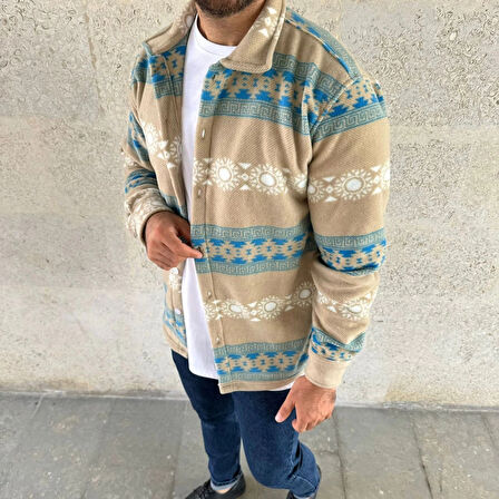 Erkek Desenli Polar Gömlek – Etnik Şerit Desen Yakalı, Uzun Kollu, Düğmeli, Oversize Rahat Kalıp - Sarı