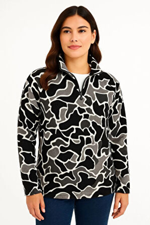 KADIN Yarım Fermuarlı Desenli Polar Sweat Yakalı, Uzun Kollu, Oversize Rahat Kalıp - Siyah